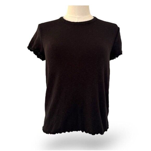 Madewell Solid Black Crew Neck Short Sleeve Ruffle Frill Top T Shirt Small - Picture 1 of 5